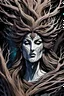 Placeholder: abstract expressionist comic book style illustration of a pagan druid priestess, bristlecone pine sculpture , dark and dry branches, harmony, intricately detailed, closed eyes, highly detailed facial features, ethereal, otherworldly, the smell of the ancient essence of eternity