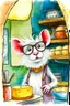 Placeholder: SKETCH WATERCOLOR PASTEL COLOURS - “Mr. Whiskers McStreusel old mouse inside his magic cheese shop, a wiry fellow with wild white hair and glasses so large they practically covered his whole face.”