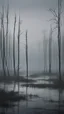 Placeholder: Field of bamboos gray trees in the swamp , dim light , foggy, sad, Bruegel painting style , cloudy, atmosphere,