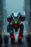 Placeholder: huge mechs walking through cyberpunk city full of cyber cats that looks high tech but primitive like neanderthals