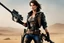 Placeholder: Cobie Smulders as female version of Mad Max , holding a rifle ,in a full body dynamic pose