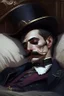Placeholder: Strahd von Zarovich with a handlebar mustache wearing a top hat and taking a nap