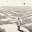 Placeholder: a alone man. pen and ink, birds eye view, illustrated by hergé, Background space and earth