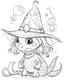 Placeholder: coloring pages for kids, semi-cartoon motif of a little dragon character, witch hat, white background, anime, illustration, dark fantasy, painting, cartoon style, thick lines, low detail, black and white, no shading, --ar 85:110