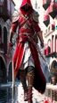 Placeholder: Assassin creed con dagas y espadas detalles en los pantalones en el pecho y en las botas caminando por Venezia capa arte digital hiperdetallado detalles intrincados obra de arte blanco rojo 8k