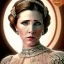 Placeholder: pltn style, beautiful photorealistic carrie fisher, hazered, jeweled veil, tall, slender, long hair, smooth, flawless skin, deep, mysterious eyes, white gown, intricate beading, sparkling jewels, diamonds, rubies, regal, dignified, graceful, fluid, ethereal quality, light steps, roses, jasmine scent, shimmering light, spirit, hope, joy, mortal, extraordinary beauty, charm, mystery, legend, fascination, cute big circular reflective eyes, Pixar render, unreal engine cinematic smooth, intricate