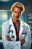 Placeholder: Mid-thirties, Caucasian male doctor, kind smile, blonde hair (slightly disheveled) blonde mustache, pale blue eyes, broad shoulders, muscular, six foot, Hawaiian shirt under white lab coat with bloodstains at the edges. Strong Jaw line, surrounded by shadows, photo realistic