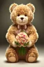 Placeholder: A light brown smiling teddybear holding a bouquet of flowers. His fur is realistic. The background is a romantic Italian restaurant bokeh digital painting extremely detailed studio lighting crisp quality and light reflections 8k cinematic lighting portrait photorealistic ultra detailed cinematic postprocessing focused