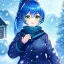 Placeholder: Clear focus, 8k, beautiful lighting, vibrant colors, girl, blue hair, green eyes, ponytail, snowing, winter clothes,