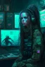 Placeholder: Cyberpunk girl in a room with five live video feeds from soldiers who she helps.