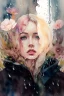 Placeholder: watercolor portrait of a woman, lush hair, rain, flowers, umbrella, autumn, paint blots, splashes, tears, plants