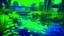 Placeholder: Contemplative, dreamy and realist photo of a technological garden with a lake. Shapes are geometric, grainy and with a little blur. Colors are vivid, electric blue, electric green and electric grey.