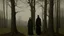 Placeholder: Two tall figures, lending a solemn and contemplative tone to the scene, are a solitary figure dressed in dark clothing, blending into the surroundings' subdued, overcast sky. Among the trees, a wooden cross displays arms of equal length, its dark shape harmonizing with the barren branches. Near the base of the trees, leafless trees stand close together in a rural landscape, lending a solemn and contemplative tone to the scene. In the background, gently rolling hills recede into the distance, the