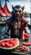 Placeholder: portrait of a vampire werewolf with mustage eating watermelon and the blood of fish on a viking ship, on a glass pier ,bokeh like f/0.8, tilt-shift lens 8k, high detail, smooth render, down-light, unreal engine, prize winning