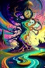 Placeholder: A digital painting of a grotesque, surreal landscape, embodying the chaos of the subconscious showing a distorted clock and shaped trees with twisted roots float above a ground with colorful waves and swirls. This landscape is like a dream world. Use exaggerated proportions, and a digital brush texture of oil paint.