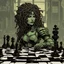 Placeholder: velcro patch of medusa in the style of cyber punk playing chess with a knight chess piece in her hand