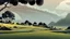 Placeholder: Beautiful landscape with trees, earth opens up and breaks down in black polygons.