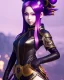 Placeholder: Detailed anime Kunoichi boy, purple hair buns, purple bangs, black latex bodysuit, intricate details, full body portrait, keep head in frame, slight smile, black Japanese motif, concept art, highly detailed, digital painting, concept art, sharp focus, illustration, art by Yoji Shinkawa, WLOP and greg rutkowski and alphonse mucha and artgerm and yanjun Chen and Junji ito and Makoto Shinkai, HDR, octane render