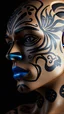 Placeholder: Close-up side portrait of a crash test dummy, vibrant blue lips, face decorated with indigenous tribal animal patterns, ceremonial wildlife symbols, ancestral motifs, black background, dramatic studio lighting, detailed, powerful