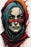 Placeholder: highly detailed color woodcut concept illustration of an aged, world weary, female rogue fantasy character , maximalist, sharp focus, highest resolution, in the styles of Alex Pardee, Denis Forkas , Bill Sienkiewicz, and Masahiro Ito, boldly inked, 8k, coarse, gritty textures