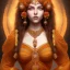 Placeholder: marigold goddess, beautiful face, dress, brown hair