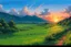 Placeholder: It is a scenic landscape with a lush green meadow, rolling hills, and a vibrant sunset sky with colorful clouds. The background features a range of mountains silhouetted against the warm orange and pink hues of the setting sun. like Studio Ghibli and oil painting