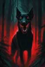 Placeholder: in the style of William Adolphe Bouguereau, a monstrous black hound with red, glowing eyes and sharp teeth, a wicked grin in a dark forest