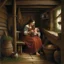 Placeholder: a medieval woman breastfeeding a man in a shed, oil painting,