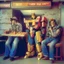 Placeholder: Optimus prime, bumblebee and ratchet inside a pizza hut in 1990, transformers wearing jeans and jackets sitcom style tv show.