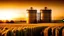 Placeholder: Agricultural Silos for storage and drying of grains, wheat, corn, soy, sunflower. Beautiful landscape of sunset over wheat field at autumn