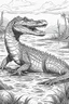 Placeholder: Outline art, no shading, full body crocodile in the river, black and white, low detail, --ar 9:11