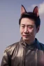 Placeholder: Make Asian Actor with cat ears in a leather jacket on the moon
