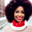 Placeholder: Woman, happy, expressive, emotive, smiling, pouting lips, African American, afro hair, kinky hair, coily hair, blizzard, snow, red sweater, , snow angel, hazel colored eyes, snow man, snowflake,snowball, hair in high puff, short hair, no makeup, natural colored lips