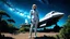 Placeholder: A photorealistic image of an adventurous, slender, older woman from the future, dressed in a tailored, full-body spacesuit, stands proudly beside her cargo spaceship. Her uncombed, blond hair has bangs. Standing in a jungle clearing. The scene is framed by a cosmic expanse of stars and nebulas.