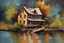 Placeholder: abstraktna umetniška slika akril stara hiša ob reki