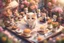 Placeholder: top view of a miniature restaurant scene with cute chibi anime kitten guests and waiters, meal, flowers S<AI in sunshine, photorealistic, 3D, ethereal, cinematic postprocessing, bokeh, dof