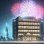 Placeholder: 3d render of lawyer office, showing through the windows the new year fireworks outside, at night, hyper realistic, 4k