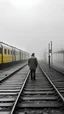 Placeholder: vista panoramica de un anden en una estacion de tren antigua en ella un hombre con apariencia triste y devastado mientras un tren se acerca a lo lejos, en blanco y negro excepto la luz del tren amarilla, rodeado todo de una espesa bruma