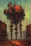 Placeholder: A rusted machine factory walking on multiple fleshy gangrenous legs, wasteland setting, spewing toxic fumes,in the style of Zvidslav Beksinski