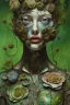 Placeholder: an abstract painting of flowers, by lucian freud and klimpt, rust, scaffolding, iron cladding, decay, mixed media, textured, anatomically correct, beautiful woman perfect face, green eyes, sharp focus, highly detailed. desolate background