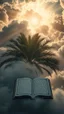 Placeholder: Sun light above swirling clouds, emerges from the heart of a raging storm. Turbulent winds of steam swirl around lit by shafts of sunlight that cast dramatic shadows on the A beautiful open book with Arabic words in the middle behind a palm tree High quality 16k cinematic scene and great photography