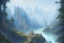 Placeholder: mountain river flows through a fantasy landscape gorge. a big blue lake in the middle of the mountains. fabulous nature, amazing seascape, highly detailed, digital painting, artstation, concept art, smooth, sharp focus, illustration, art by greg rutkowski and alphonse mucha