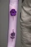 Placeholder: Very small tattoo in the shape of a purple Asteracea flower Photorealistic