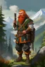 Placeholder: Realistisches Bild von einem DnD Charakters. Männlichen Zwerg mit orangenem Haaren. Er steht im Wald mit Bergen im Hintergrund. Er sieht aus wie ein Jäger und raucht pfeife.