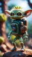 Placeholder: cactus alien gremlin with rocket backpack and a stone club launcher in high tree,bokeh like f/0.8, tilt-shift lens 8k, high detail, smooth render, down-light, unreal engine, prize winning