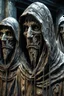 Placeholder: sculpture of a scary hooded priests Multiple faces . decayed and rotting with grotesque proportions and imagery. abstract grotesqueries, detailed texture, surreal horror, biomechanical design, by hr giger and beksinski
