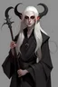 Placeholder: Young adult female tiefling with white long hair warlock wearing a black robe holding a staff