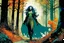 Placeholder: create a wildly conceptual full body print illustration of a feral mage with highly detailed hair and feminine facial features, in an ethereal, otherworldly ,ancient autumn forest , in the comic book art style of Bill Sienkiewicz, Mike Mignola, Sparth, and Jean Giraud Moebius, finely drawn, colored, and inked, suffused with dramatic natural light and shadow of sunset