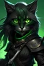 Placeholder: Sexy furry black female cat rogue assassin with green eyes long eyelashes fluffy tail holding daggers