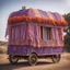 Placeholder: Old fashioned purple, orange and pink gypsy wagon decorated, curtains fluttering in the wind